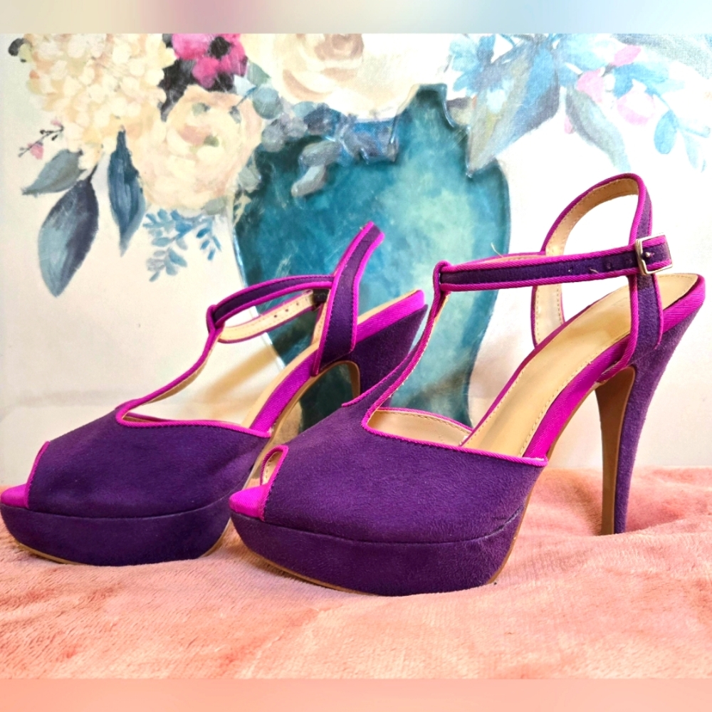 Elegant Purple & Hot Pink "Elle" brand high-heeled shoes with a peep-toe design.